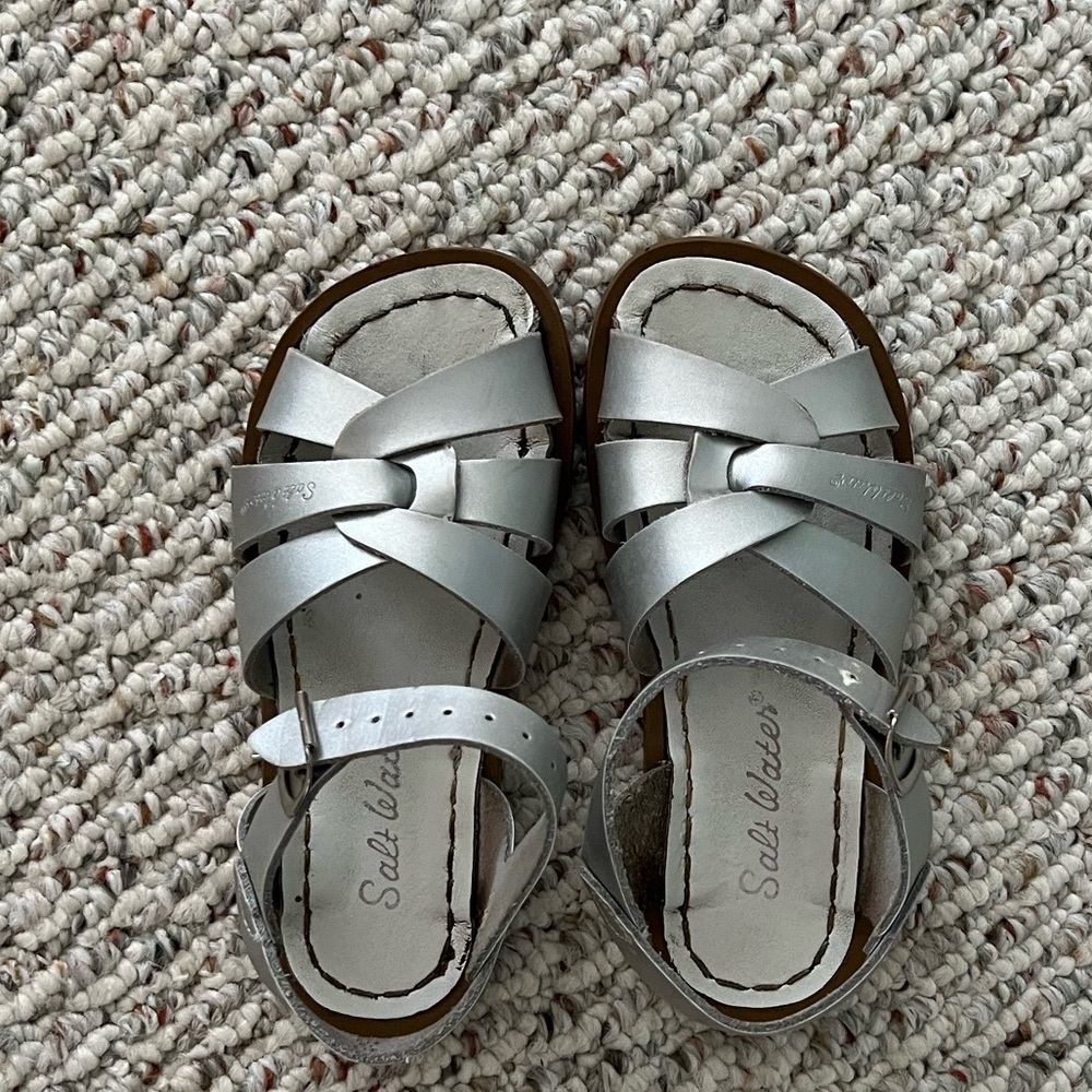 Silver Saltwater Sandals, Size 10